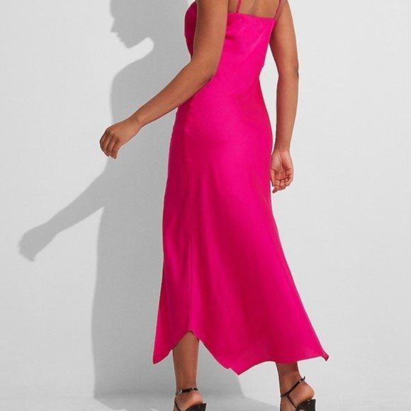 EXPRESS Satin Cowl Neck Asymmetrical Hem Maxi Slip HOT PINK Dress - Picture 4 of 4